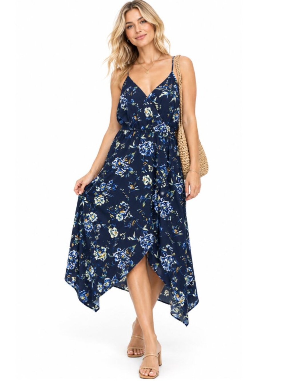Dex Navy Floral Midi Dress flowy Size XL boho Coastal Resortwear Summer